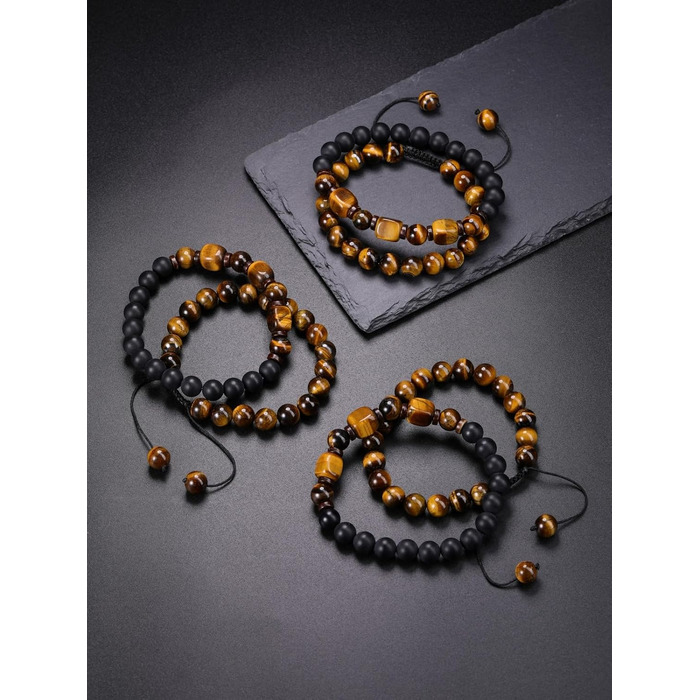 Чоловічий браслет з перлами та мінералами (Тігрове око, Гематит, Ахат) - набір 2 шт.