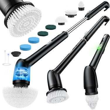 LyriFine Electric Cleaning Brush, New Full-Body IPX7 Waterproof Electric Cleaning Brush, Electric Cleaning Brush for Household Use with Long Handle, 2 Speeds, Replacement Heads for Bathroom (Full Black)