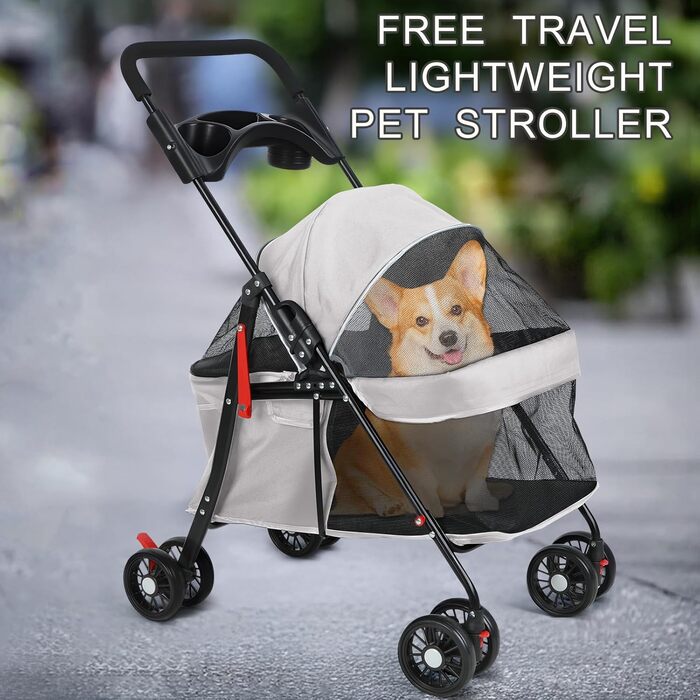 Візок для собак 2в1 до 15 кг, будівельник для собак з тримачами для напоїв, переноска для собак, складаний, з гальмом, візок для собак, 48 см * 68 см * 95 см (Сірий)