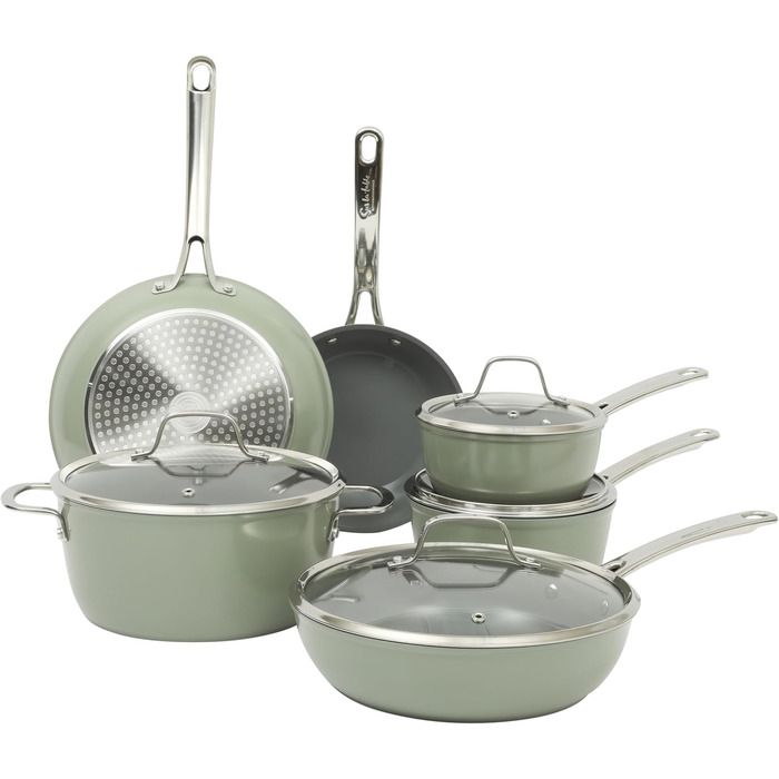 Набір кухонного посуду Sur La Table Kitchen Essentials, 13 предметів, керамічне покриття, антипригарне, для індукційних плит, знімний ручка, зелений