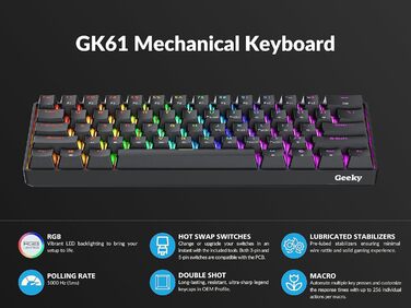 Geeky GK61: Механічна ігрова клавіатура 61% з RGB підсвічуванням | Hot-Swap | ANSI US | Speed Silver Switch (Чорний)