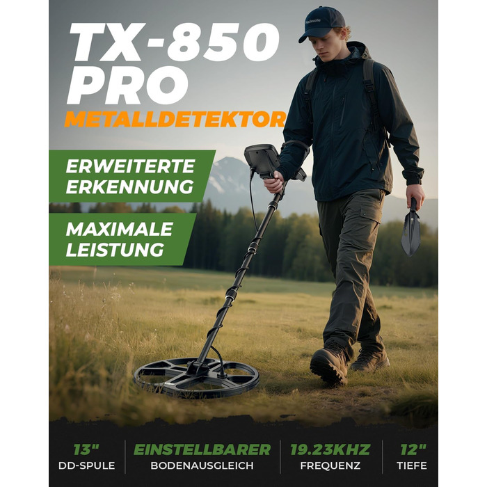Металошукач професійний для дорослих Metalldetektor з 13'' водонепроникною котушкою DD, частота 19.23 кГц для пошуку срібла та золота, регульована балансування ґрунту, 3 режими пошуку, глибина виявлення 12''