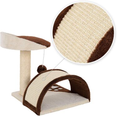 Kratzbaum, small with plush ball & scratching arch, height 43 cm, cozy lying area made of soft plush, stable with sisal rope for claw care, suitable for small & large cats, (Brown/Beige)