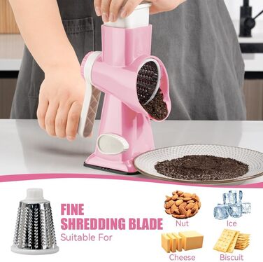 Ручна тертка для сиру та овочів Dreamhigh з ручкою, 3 змінні леза з нержавіючої сталі, ідеальна для сиру, горіхів, моркви та інших продуктів, білий колір (рожевий)