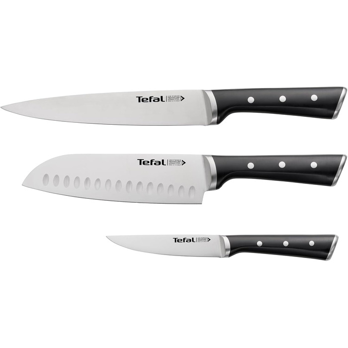 Набір ножів Tefal Ice Force 3 шт: ніж для м'яса 20 см, ніж Сантоку 18 см, універсальний ніж 11 см, нержавіюча сталь, чорний, K232S3