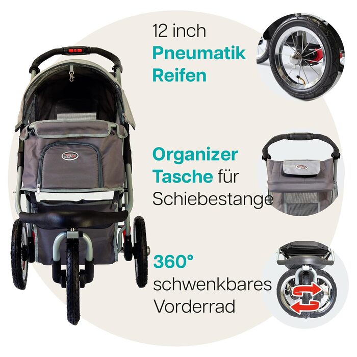 Візок для собак Innopet Comfort Air Eco чорного/срібного кольору – візок для собак/кішок з 30см повітряними колесами, складаний, для лісових стежок, з світловідбиваючими смугами, органайзером, з переробленого нейлону (сірий)