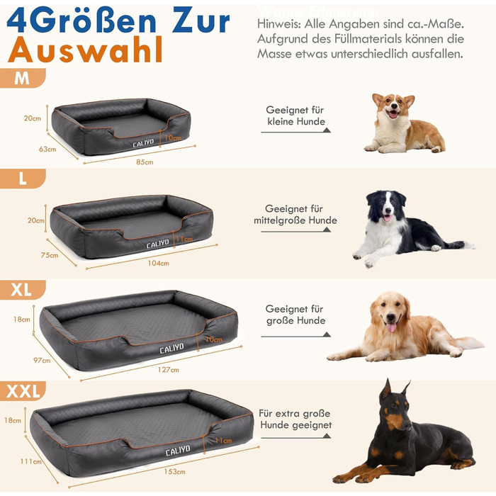 Ортопедичне ліжко для собак Caliyo, малі породи – подушка для собак з екошкіри, водонепроникна та пральна, з піною з пам'яті, диван для собак з 4 бортиками, килимок для собак 85×63×20 см, чорний