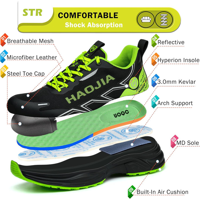 Черевики безпеки для чоловіків та жінок, робочі черевики, легкі, зручні, з металевим носком, дихаючі, антиковзаючі, для будівництва, майстерні, складу, саду, 43 EU, чорні