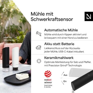 Електричні млини для солі та перцю LARS NYSØM Gravity Grinder - Набір з двох млинів, USB-C, регулювання помелу, для кухні
