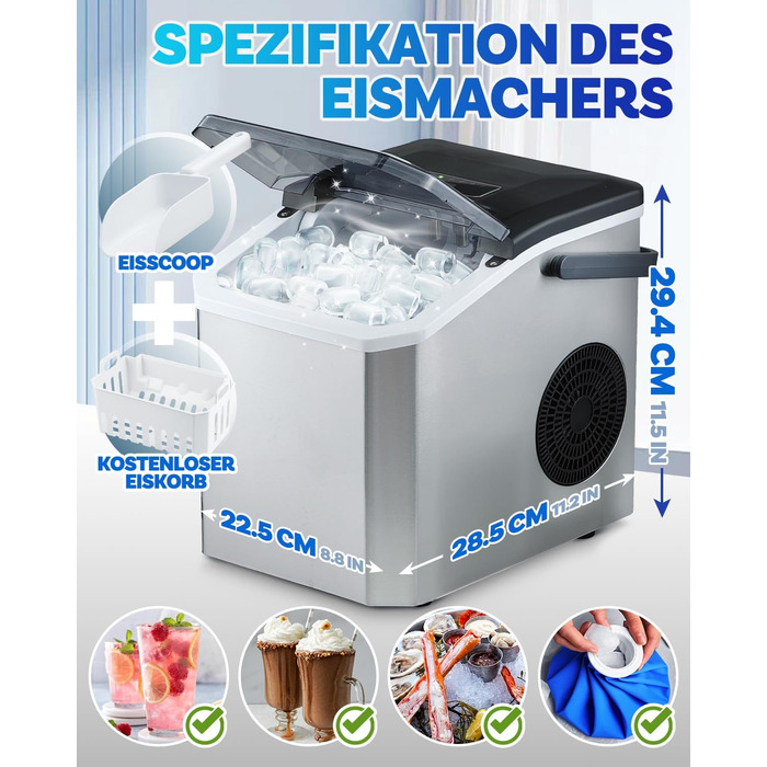 Машина для приготування льоду портативна, 15 кг/24 год, самоочисна, з лопаткою та кошиком, для дому та офісу, матеріал: акрилонітрил-бутадієн-стирол