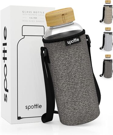 Glass Bottle 1.5 liter - Drinking Bottle Glass 1.5 l with Bamboo Lid - Glass bottle - Water bottle - Glass drinking bottle suitable for carbonated drinks - dishwasher safe - Wide mouth (Black Melange)