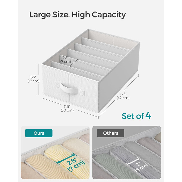 SONGMICS Set of 4 Drawer Organizers, 6 Compartments, Closet Organizer, Foldable, Clothes Organizer, 41.5 x 30.8 x 17.8 cm, for Pants, Clothing, URUS009G04 (Classic White)