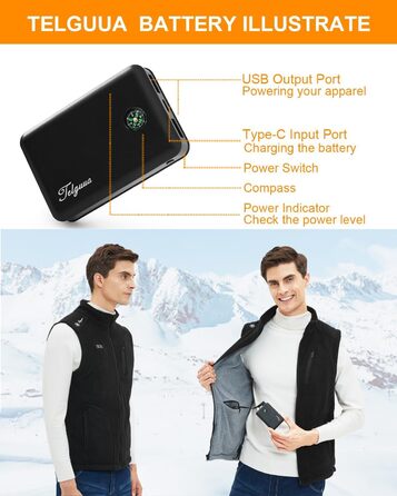 Тепла флісова жилетка Telguua з підігрівом для чоловіків з Powerbank 5V 10000mAh, 6 зон нагріву, 3 рівні температури, керування 2 зонами, для кемпінгу, піших прогулянок, сноубордингу, чорна