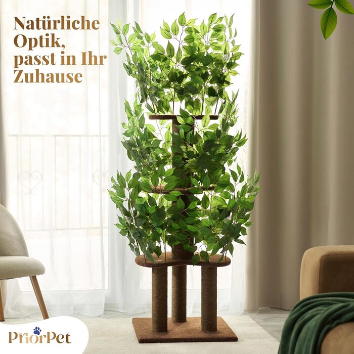 Дерево для котів з листям – Стабільний та компактний – 4 поверхні для дряпання та 3 стовпчики – Ідеально для лазіння, ховання та сну – Легка збірка – Безпечний та довговічний cat tree з натуральних матеріалів