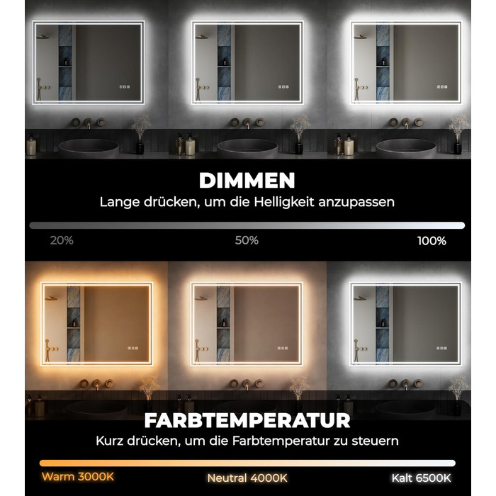 Дзеркало для ванної кімнати з підсвічуванням 60x50x3,5 см, LED, 6400K, холодний білий, енергозбереження, вертикальне/горизонтальне, з вимикачем, антизапар, 3 колірні температури