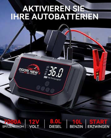 Портативний пусковий пристрій OGORI K33 з компресором 150 PSI та LED ліхтариком для автомобілів 12V (бензин 8L/дизель 10L)