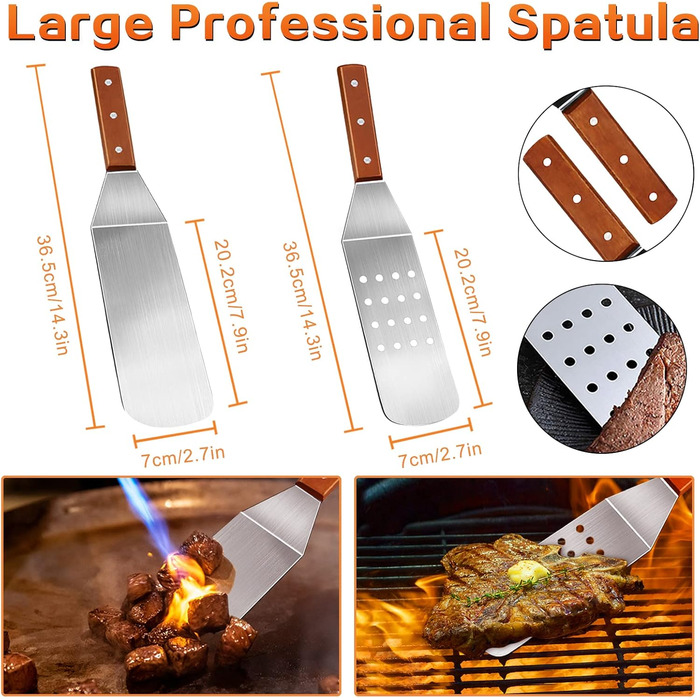 Набір інструментів для гриля MAIKEHIGH: 8 штук з нержавіючої сталі. Професійний шпатель, лопатка, щипці для BBQ, Teppanyaki, кемпінгу та гриля на плоскій поверхні.