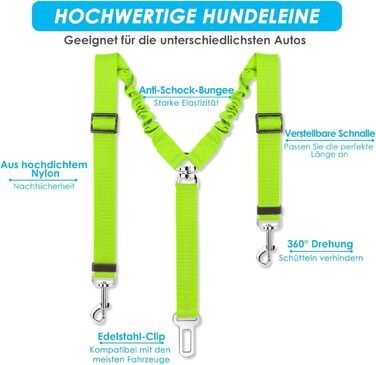 Ремінь безпеки для собак SlowTon у машину, 2 в 1, еластичний, регульований, світловідбиваючий, для подорожей та прогулянок (1 маленький + 1 середній, Limone)