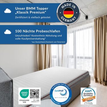 BMM Topper 140x200 cm Classic Premium Firmness H2 soft/Visco-elastic foam topper/Öko-Tex certified/ergonomic mattress topper/height 6 cm/topper produced in Germany