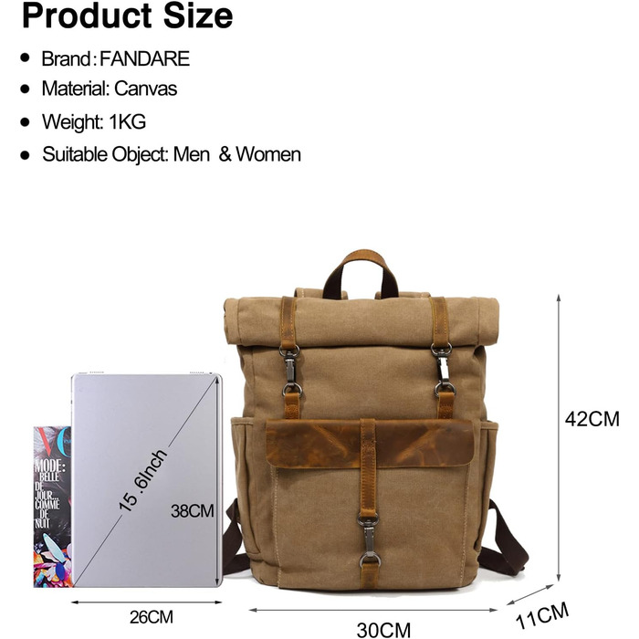 Фандаре Рюкзак Rolltop, шкіряний, для ноутбука 15.6