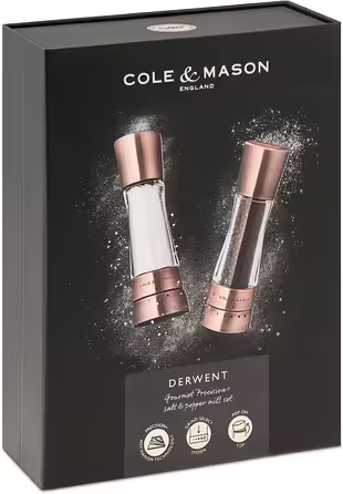 Cole & Mason Derwent Copper Salt and Pepper Grinder, Spice Grinder, 2-Piece Set, Manual with Adjustable Ceramic Grinder, Stainless Steel/Acrylic, 190mm, Precision+, Gift Set