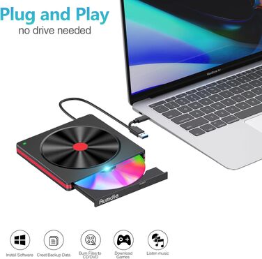 Зовнішній DVD-накопичувач та CD-привід USB 3.0 / USB-C, зовнішній DVD-записувач для ноутбука, ПК, Mac, Windows 11/10/8.1/7, Linux, чорний