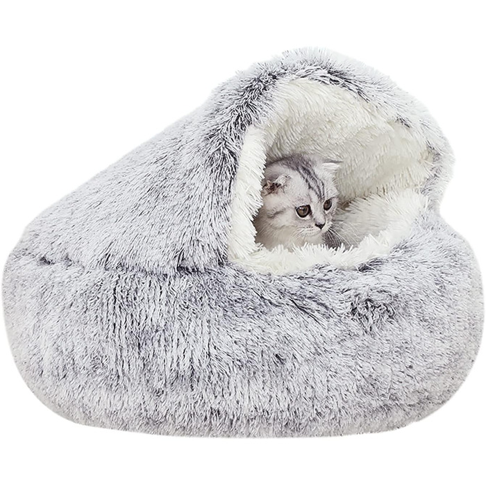 YUDANSI Cat Bed, 40cm Covered Dog Bed Cat Cave Bed Donut for Kittens Puppies, Plush Faux Fur Nest Fluffy Dog Bed Round Dog Cushion Dog Sofa Cat Bed for Cats and Small Dogs (Gray-50cm)