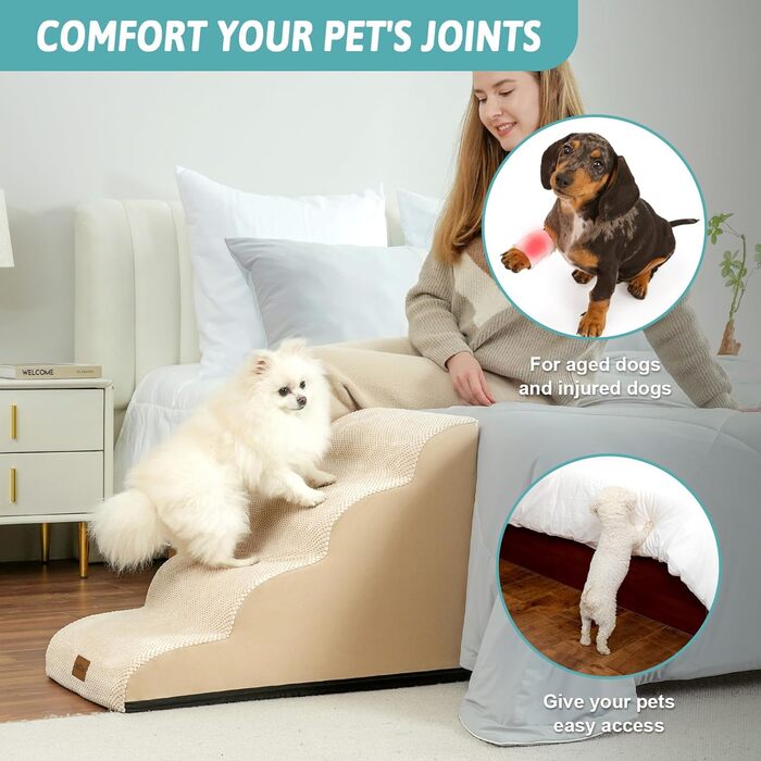 Dog Stairs for Small Dogs 50cm, Pet Stairs for Bed made of High-Density Sponge, Dog Stairs Dog Ramp with Washable Cover and Non-Slip Bottom, 40x72x50cm, 4 Steps, Beige