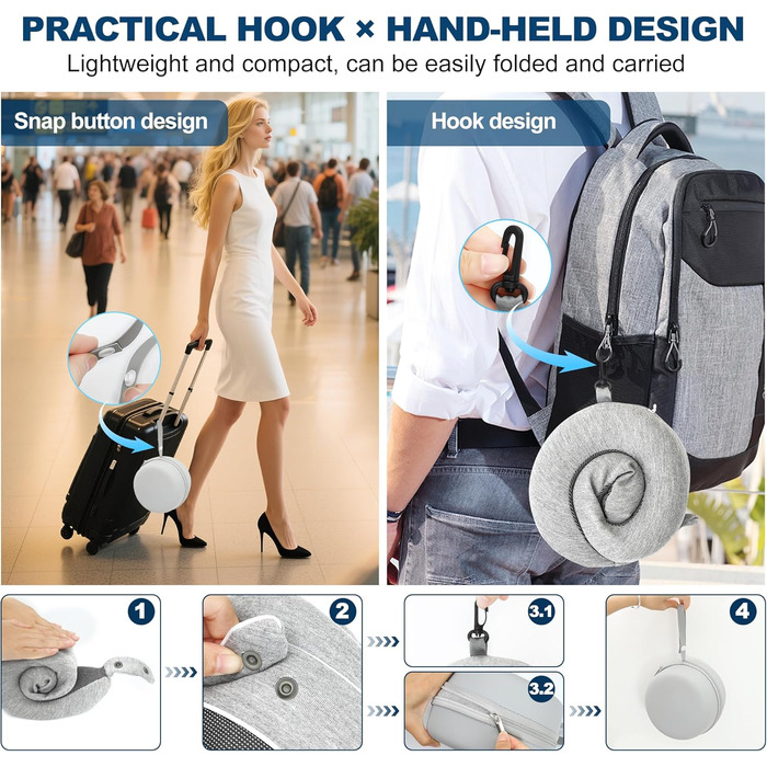 Подушка для шиї Comfy для подорожей: регульована подушка з memory foam, 3D-маска для сну, підтримка 360°, для літака, авто, поїзда (світло-сіра)