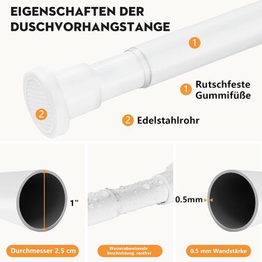 Штанга для душу без свердління 73-224 см, висувна для ванної кімнати, душу, вітальні, біла