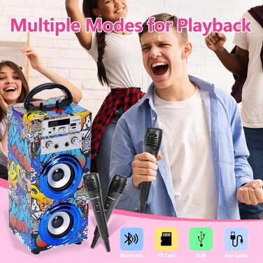 Караоке DYNASONIC з 2 мікрофонами, портативна караоке-машина, Bluetooth-динамік, USB та SD-картрідер, світлові ефекти, подарунок для дітей 5-13 років (Model 16 lights)