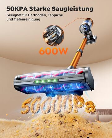 Бездротовий акумуляторний пилосос SMOTURE 50000 Па, 65 хв роботи, для дому, легкий, з гнучким шлангом, антизаплутана щітка, знімний акумулятор, для шерсті тварин, килимів, твердих підлог та авто