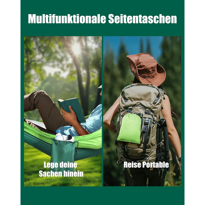 Гамак для кемпінгу Signstek, 270 x 140 см, вантажопідйомність 300 кг, ультралегкий нейлон, для відпочинку на природі, зелений