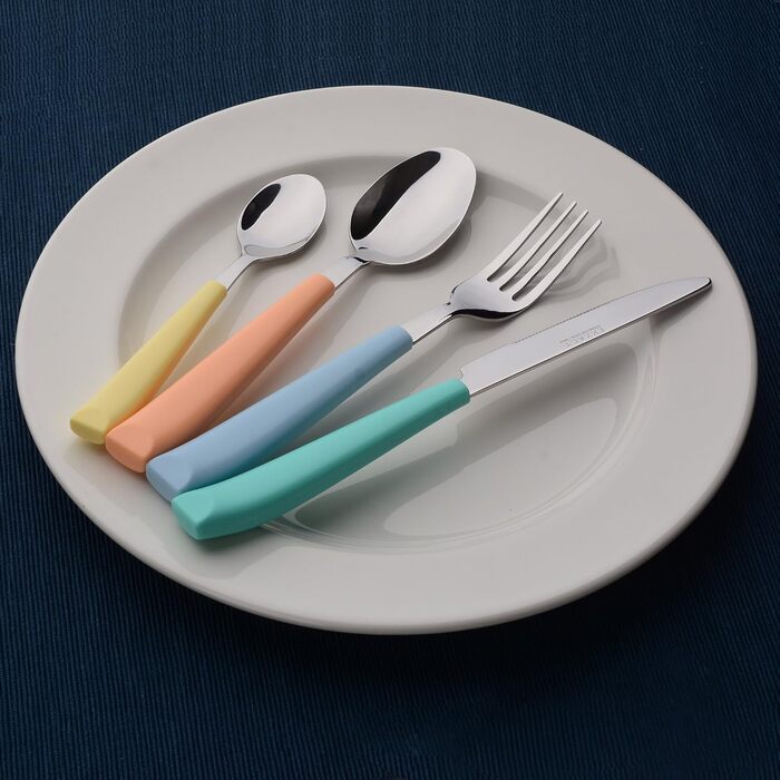EXZACT 24-Piece Cutlery Set - Stainless Steel with Vividly Colored Plastic Handles - Comfortable to Hold - 6 x Forks, 6 x Knives, 6 x Dinner Spoons, 6 x Teaspoons (Mixed Color x 24)