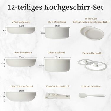 Набір посуду JHK 12 предметів з антипригарним покриттям та знімними ручками, бежевий – кухонне приладдя для дому