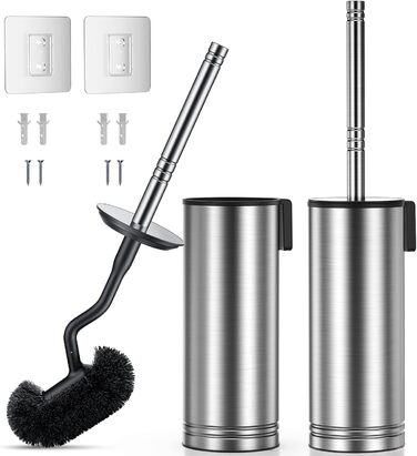Набір для чищення унітазу HAMITOR з нержавіючої сталі: щітка для унітазу з кріпленням на стіну без свердління, для глибокого очищення під краєм, з швидковисихним підставкою, довга ручка для ванної кімнати - 2 шт (срібний)