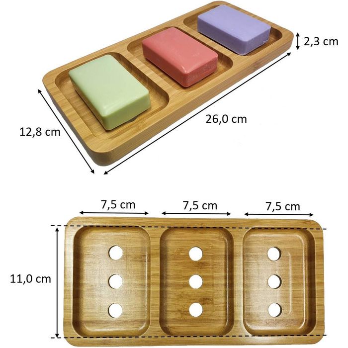 Стильна трисекційна мильниця з натурального бамбука для ванної/душу/кухні з водовідведенням та вентиляцією для швидкого висихання мила, гігієнічна, неслизька