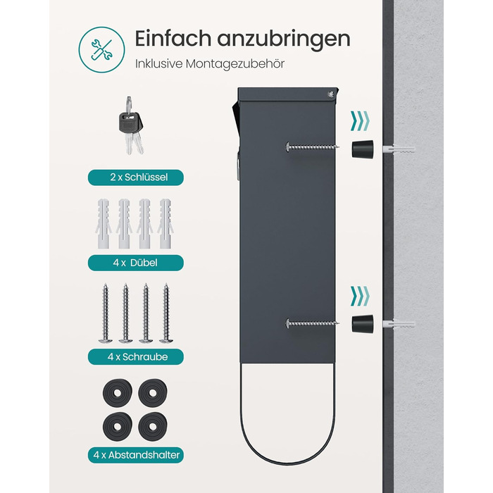 Поштова скринька SONGMICS з замком, оглядовим вікном та відділенням для газет, антрацит, 33.8x30.8x10 см