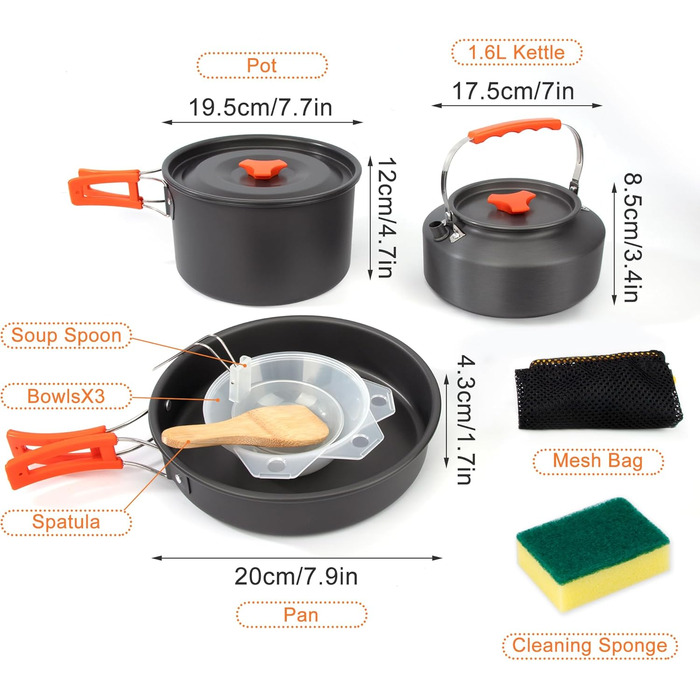 Набір кухонного посуду для кемпінгу: каструля, сковорода, чайник для пікніків, походів та риболовлі