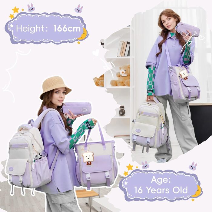 Шкільний рюкзак Tanou для дівчаток-підлітків, набір шкільних сумок з сумкою через плече та пеналом, дитячий рюкзак для школи, повсякденний, зелений (фіолетовий)