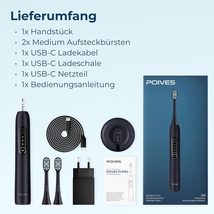 Електрична зубна щітка POIVES P1 Pro з датчиком тиску, 72 000 рухів, гарантія до 4 років, 111 днів без ризику, тривалий час роботи, колір: Midnight Blue