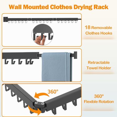 Настінна сушарка для білизни, розкладна, 3-секційна, 120 см (50 дюймів у складеному стані), біла. Максимальне навантаження: 150 фунтів (68 кг). Підходить для невеликих осель.
