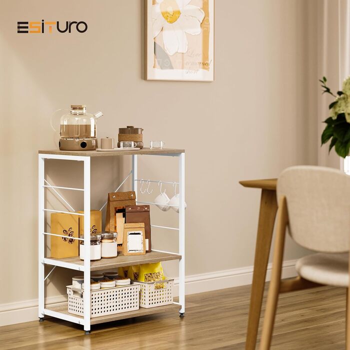 Kitchen Shelf, Microwave Shelf with 4 Hooks, Baking Shelf with 3 Tiers, Storage Shelf for Kitchen, Cafe, Living Room, Bathroom, 60 x 82 x 40 cm, Light Oak + White