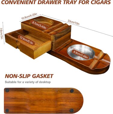 Wooden cigar ashtray, ashtray with whiskey tray and cigar holder + 1 cigar cutter, cigar humidor box with wine holder, for home, office or bar, men's birthday anniversary.