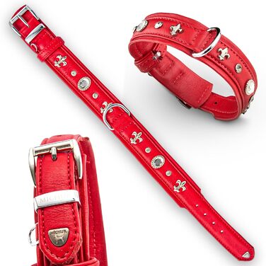 Julieta Leine, Leather Dog Leash, Leather Lead Dog, MATCHES Julieta Collar, Red, Leather, with Lilies, Rhinestones, and a Large Crystal (Neck circumference 52-58cm)