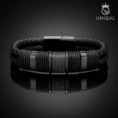 Чоловічий браслет UNIQAL з натуральної шкіри та нержавіючої сталі 'Premium Style' | Чорний колір, 23 см | Безкоштовна коробочка