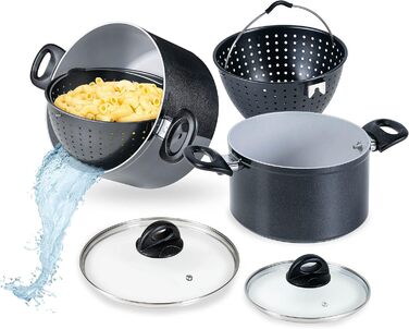 Набір каструль Genius Cerafit Magic Pot 6 предметів 20 см і 24 см, 3,7 л і 6,3 л з друшляком і скляною кришкою, універсальні, для всіх плит, чорний