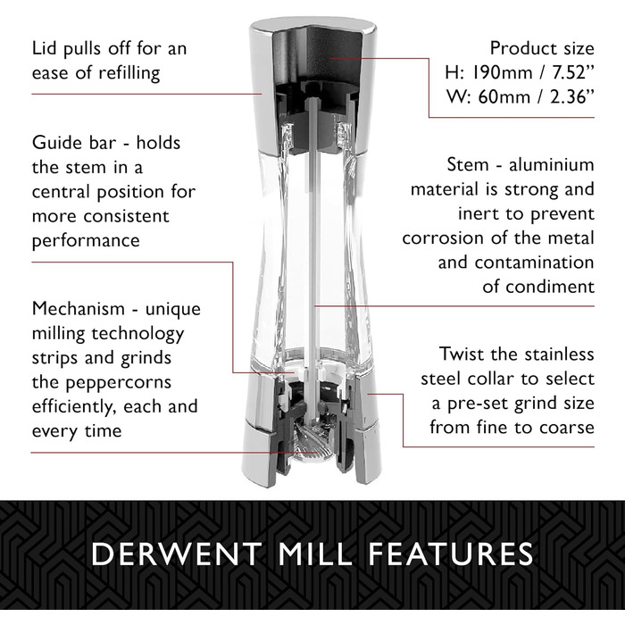 Cole & Mason Derwent Salt & Pepper Mill Set – 19cm, Adjustable Ceramic Grinder, Stainless Steel & Acrylic Design, Color: Stainless Steel, Precise Grinding, Durable