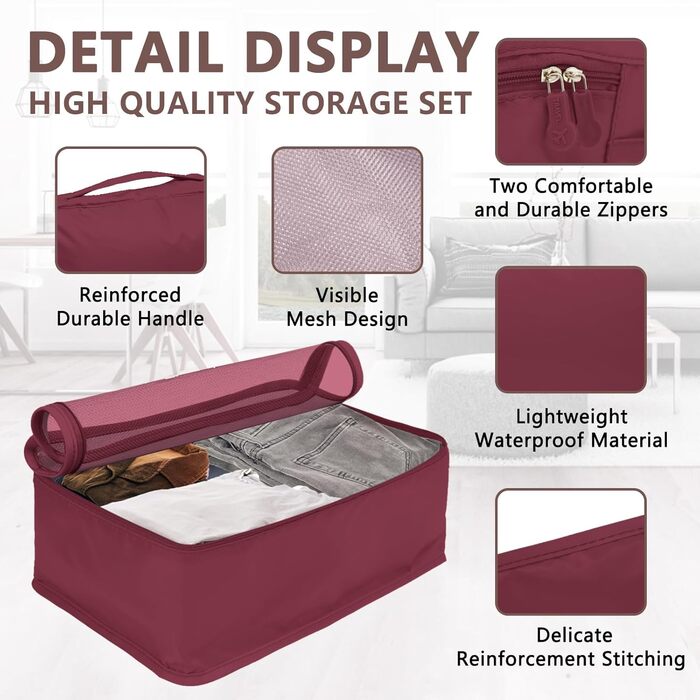 Органайзер для валізи 12 шт. Set, водонепроникні кубики для пакування, тревел-органайзер для сімейних подорожей, зберігання вдома (Бордовий, 12 шт.)