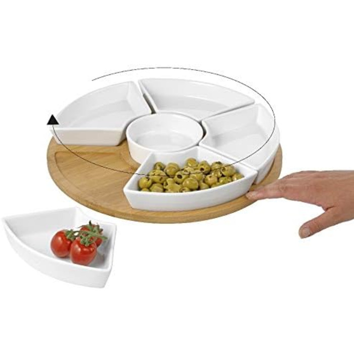 Esmeyer Caterado Rotating Serving Tray SUSAN with 6 white porcelain bowls and a bamboo tray, 34 x 34 x 6.5 cm